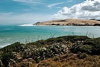 Písečné duny při ústí zálivu Hokianga Harbour